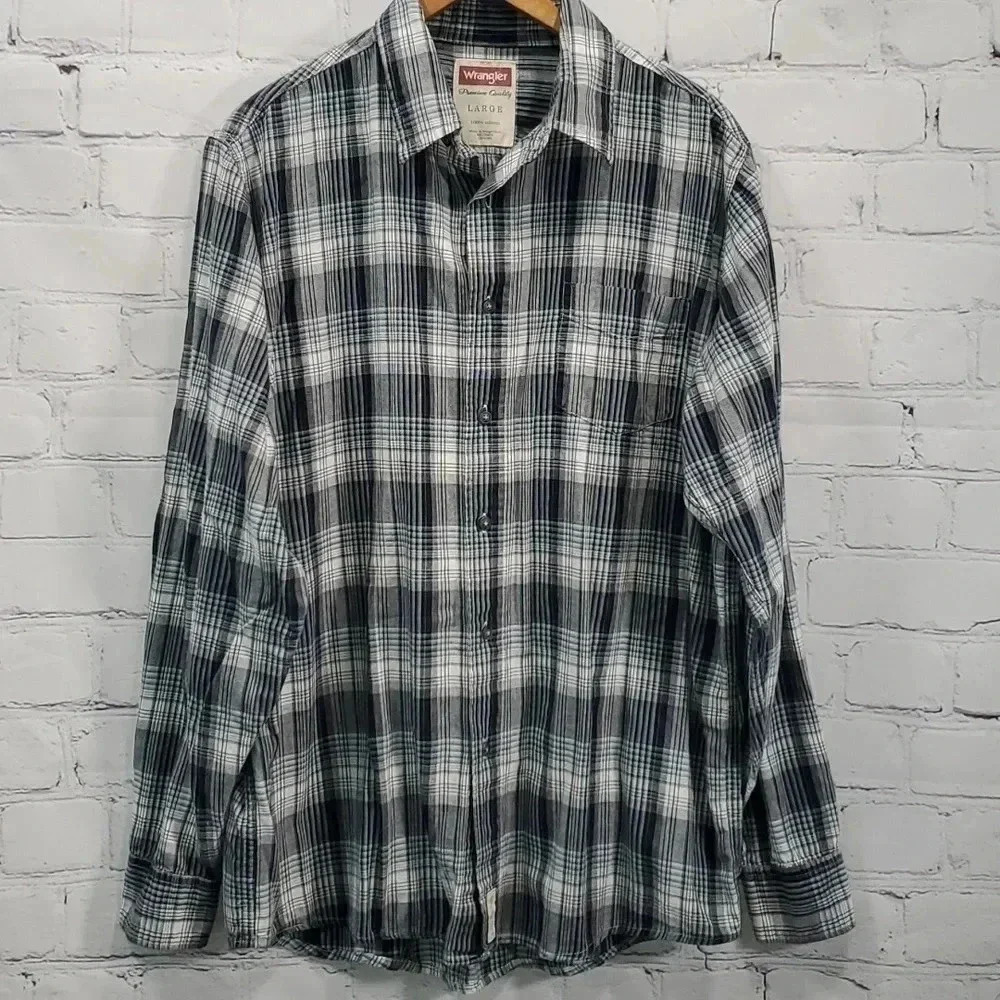Men's L Wrangler Long Sleeve Gray Plaid Casual Button Down Shirt